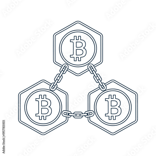 Vector of three bitcoin icons connected by chains representing blockchain technology and security