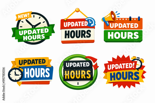 Collection of updated hours signs and symbols. Announcing new business service times. Reopening and scheduling concept