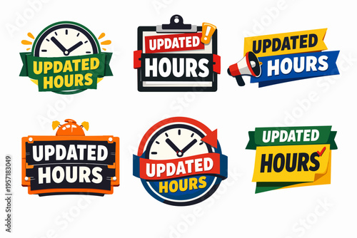 Updated hours icons and badges informing about revised opening and closing times for businesses and shops
