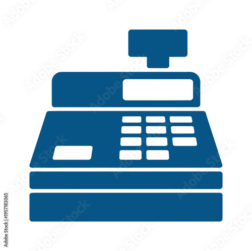 Blue vector icon of a cash register with a keypad and card reader