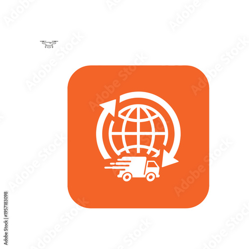 Vector graphic showing a delivery truck and a drone with a globe icon representing global logistics