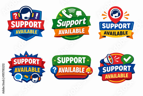 Customer support available badges set providing assistance, help center, and contact service concepts