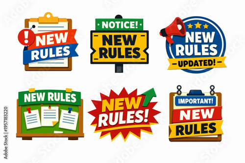 Set of new rules and policy flat cartoon icons for business announcements, updates, important notices, and information signs