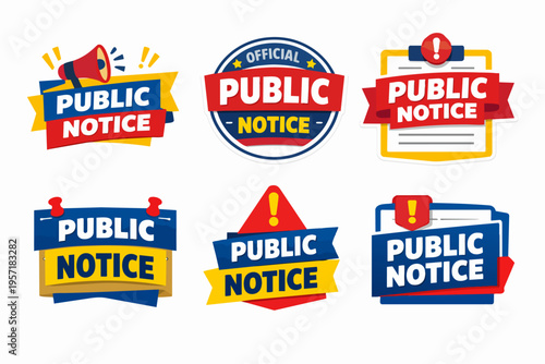 Public notice graphic assets collection displaying important official announcements and alert messages with icons