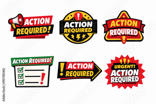 Action required warning badges and urgent alert labels for important notification and attention messages