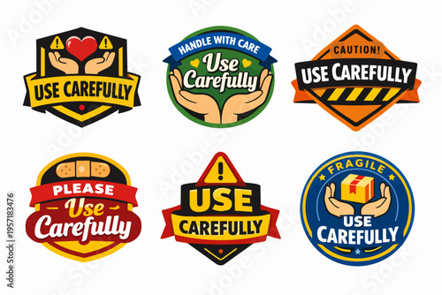 Warning and caution labels set for fragile products and careful handling, concept of safety instructions and security