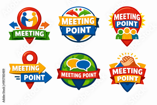 Meeting point concept illustration set with map pins, people, handshake, chat bubbles, and globe elements