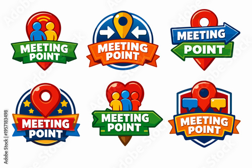 Meeting point badges set with location pins, arrows, people, and chat bubbles for navigation and community gathering concepts