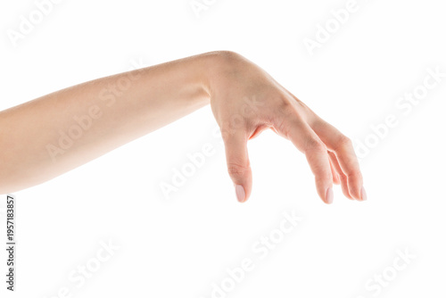 Young woman hand holding something with fingers from the top isolated on white background