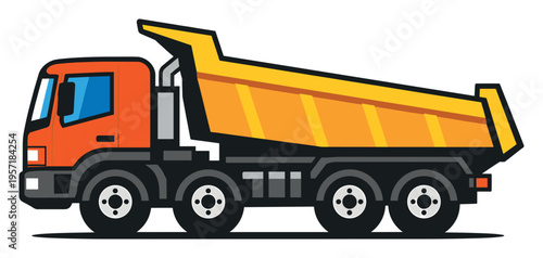 Dump truck with a raised yellow bed, transporting hefty loads and materials for building and mining endeavors