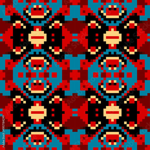 Ethnic geometric pattern with elements of traditional tribal folk style. Pixel art style. Seamless vector red pattern