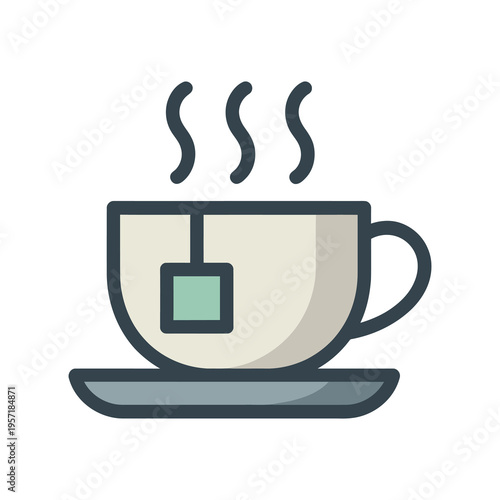 Vector of a steaming cup of tea with a teabag sitting on a saucer