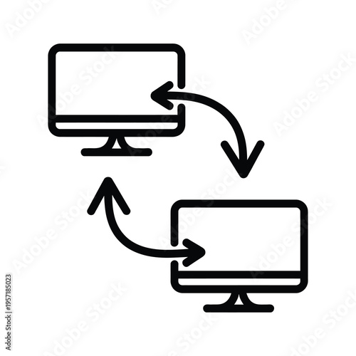 Vector showing two computer monitors with arrows indicating data transfer or syncing
