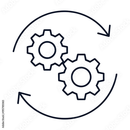 Vector of interlocking gears with rotating arrows symbolizing the process of continuous work