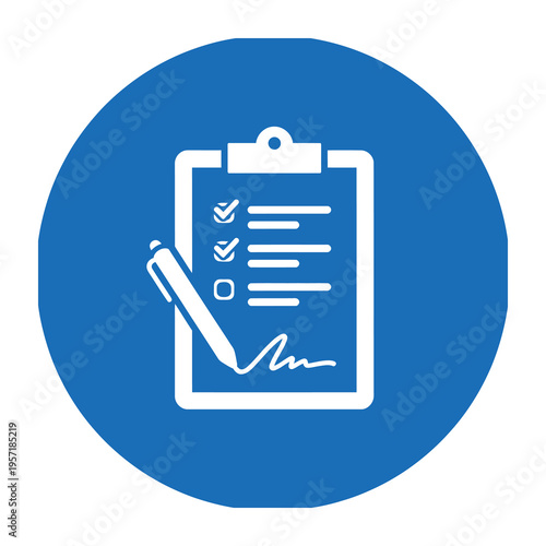 Blue vector icon of a clipboard with a checklist and signature line and a pen leaning over it.