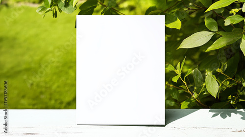 Blank vertical paper card standing on a wooden surface, soft leaf shadows adding an organic touch to the minimalist scene