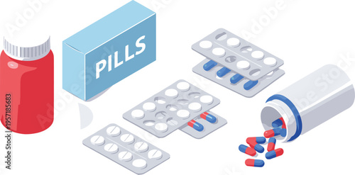 Isometric medical pills set with blister packs pharmacy medicine bottles and antibiotic capsules for healthcare treatment and pharmaceutical concept flat vector.