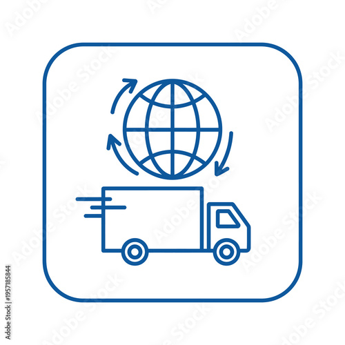 Vector icon of a globe with arrows and a delivery truck moving at high speed