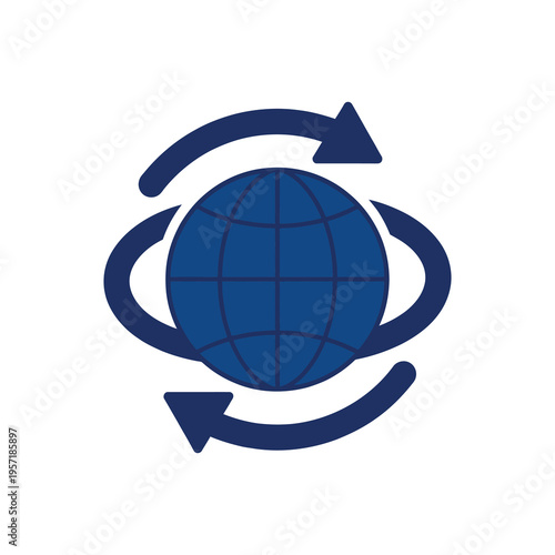 Blue vector globe is encircled by arrows symbolizing global connectivity and continuous rotation
