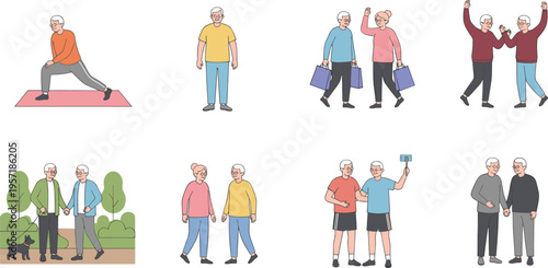 Set of senior citizens vector illustrations showing elderly people exercising walking dog shopping and taking selfies for active lifestyle.