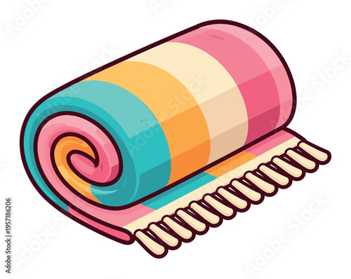 Rolled colorful striped beach towel with fringe. Perfect accessory for summer, vacation, travel, and relaxation