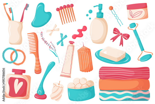 Beauty and Self Care Bath Set with Accessories, Hair Tools and Cosmetics. Hand drawn vector illustrations

