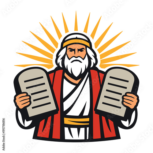 Moses holding two stone tablets inscribed with the Ten Commandments, radiating spiritual authority and divine law