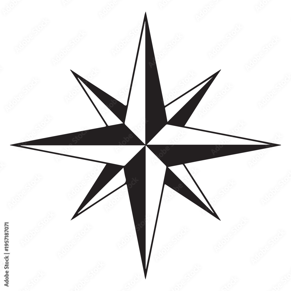 Fototapeta premium A traditional eight pointed nautical star design rendered in stark black and white silhouette