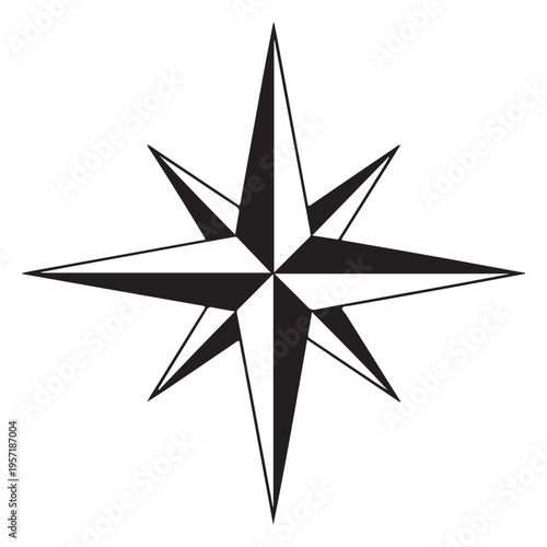 A striking black and white nautical star design sharply defined with contrasting shapes silhouette