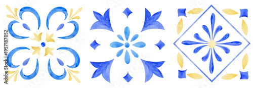Foto Watercolor decorative Mediterranean tiles elements set