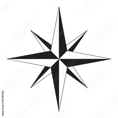 A striking black and white nautical star design sharply defined with contrasting shapes silhouette