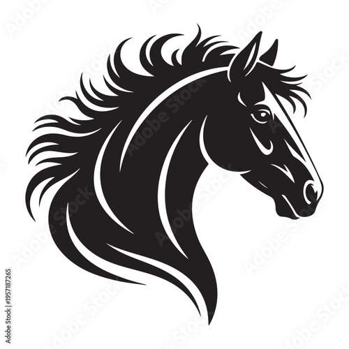 A striking black horse head portrait with flowing mane and detailed facial features silhouette