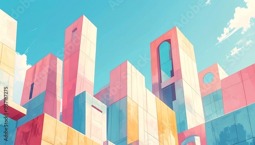 Modern Architectural Buildings with Pastel Colors Under a Clear Blue Sky.