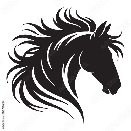 A striking black horse head portrait with flowing mane and detailed facial features silhouette