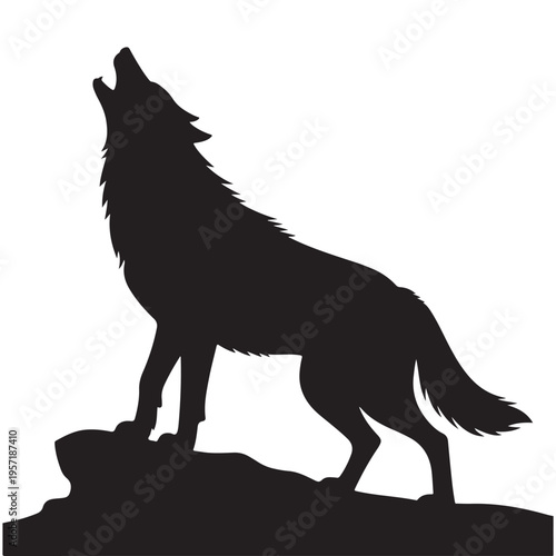 A striking black wolf stands howling on a rocky outcrop a dramatic silhouette