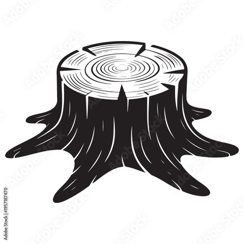 A stark black and white illustration of a freshly cut tree stump against a white background silhouette