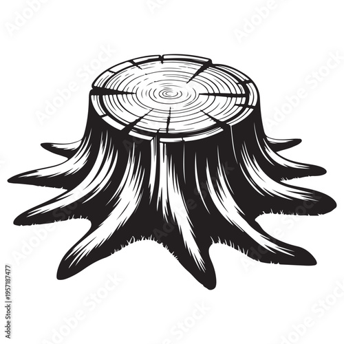 A detailed black and white illustration of a tree stump with visible growth rings silhouette