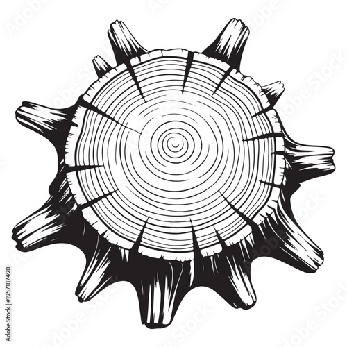 A detailed black and white illustration of a tree stump viewed from above a striking silhouette