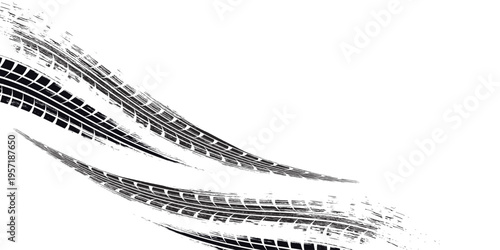 PrintTire track. Car, bike, motorcycle tyre mark with grunge effect isolated on white background. Wheel footprint on the road. Top view of rubber protector mark