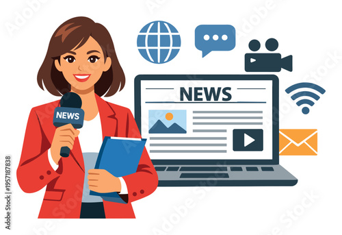 Female journalist reporting live, presenting information on television and online platforms, engaging in mass communication with global audience