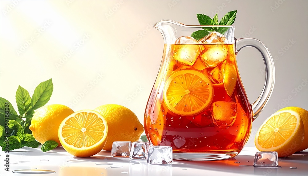 Fototapeta premium Refreshing Iced Tea Pitcher with Lemon and Mint Garnish.
