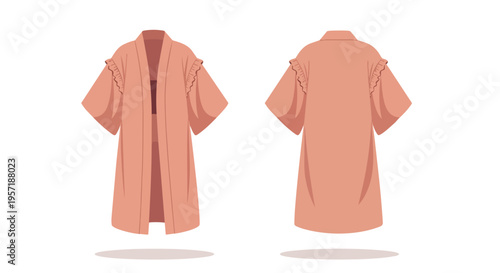Elegant peach-toned loose-fit women's kimono cardigan with stylish ruffled sleeves shown from front and back view on a white background perfect for