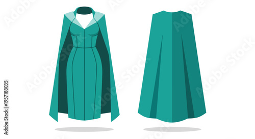 Striking emerald-toned formal wear, a full-length gown paired with a dramatic flowing cape, presented in a clear front and rear view on a pristine