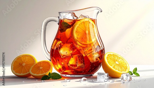 Refreshing Iced Tea with Orange Slices in a Pitcher.