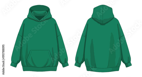 Vibrant emerald green oversized hoodie blank template front and back views for apparel design illustration
