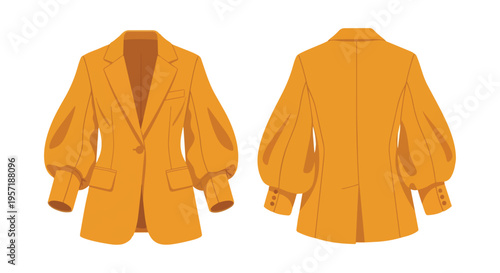 A vibrant illustration showcasing a stylish mustard yellow women's blazer with voluminous puff sleeves, depicted from both front and rear