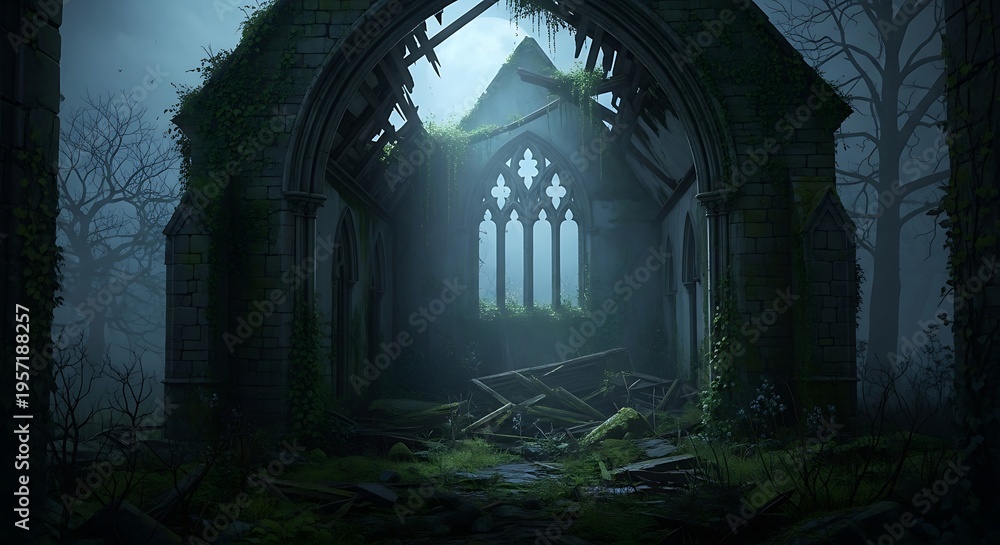 Obraz premium Abandoned Gothic Church Ruins Interior Scene.