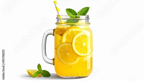 Refreshing Lemonade in a Mason Jar with Mint and Straw.