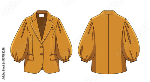 Contemporary women's camel blazer illustration with voluminous puff sleeves and elegant notched lapels, depicted in both front and back views for