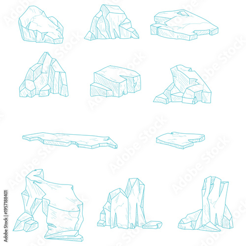 Iceberg, simple line drawing, hand-drawn sketch. Vector illustration. Set of ice blocks, isolated on a white background. Not AI